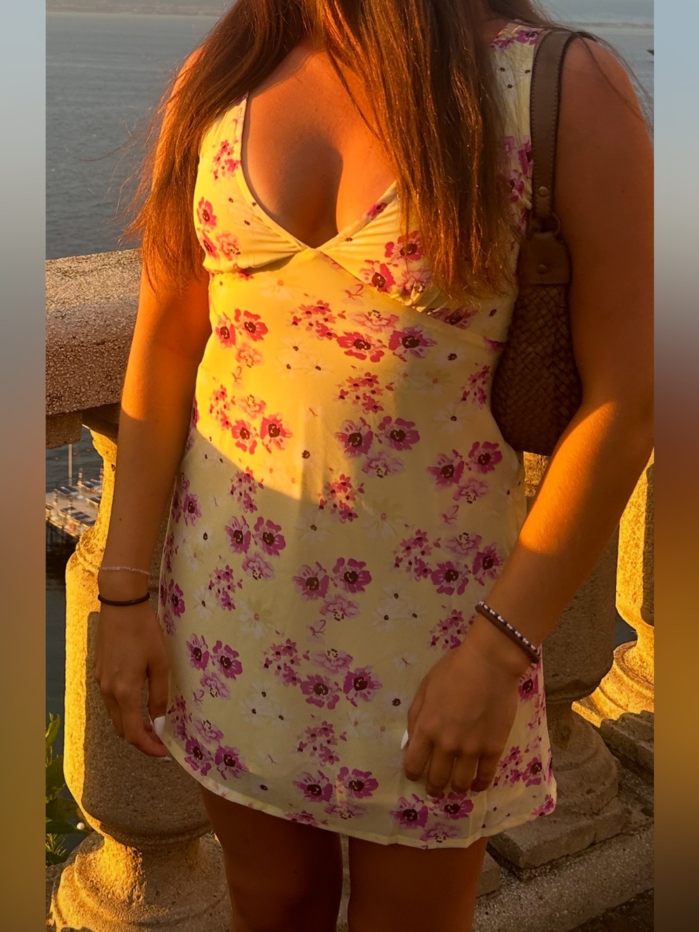 Floral V-Neck Yellow Slip Dress with Pink Flower Print
